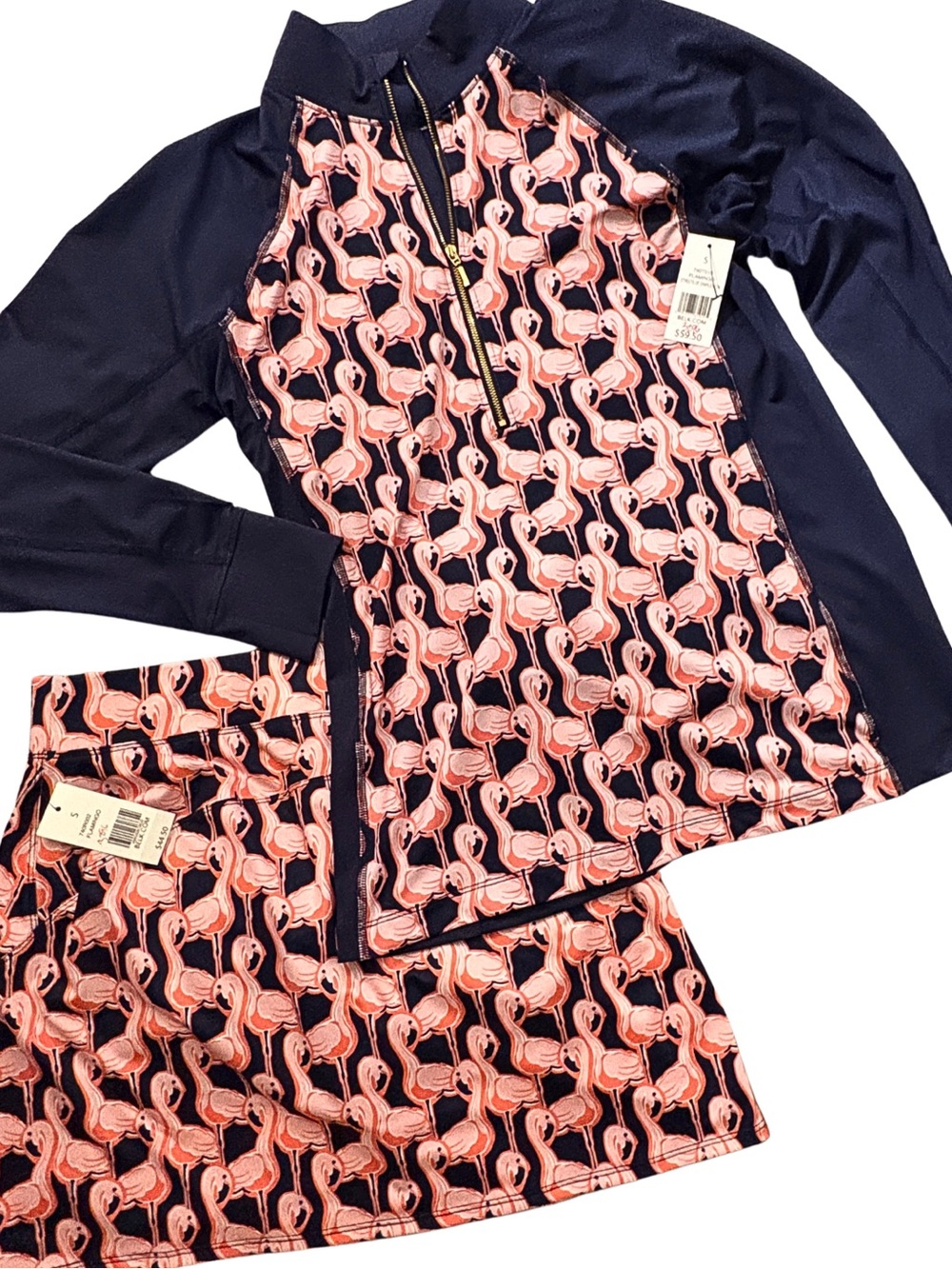 CROWN & IVY SPORTS 3/4 Zip Jacket & Skort Pink Navy Flamingos NEW NWT SZ Small
